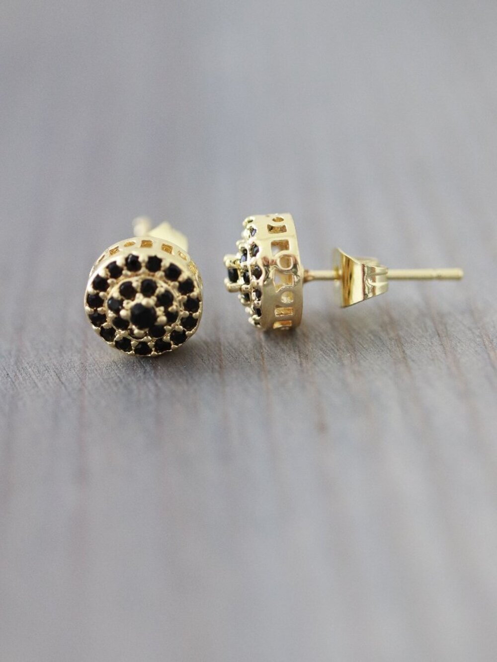 Round Pave Black CZ Diamond Stud Earrings 18k Gold Plated Stainless Steel